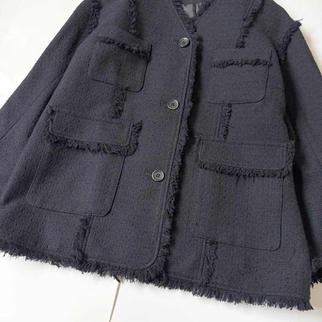 ハウント HAUNT ノーカラージャケット　ネイビー　濃　ツイード　フリンジ