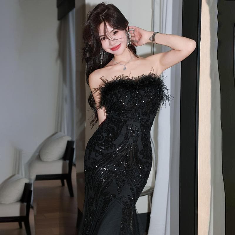 イブニングドレス　パーティードレス　スパンコール　カラーブラック　サイズL