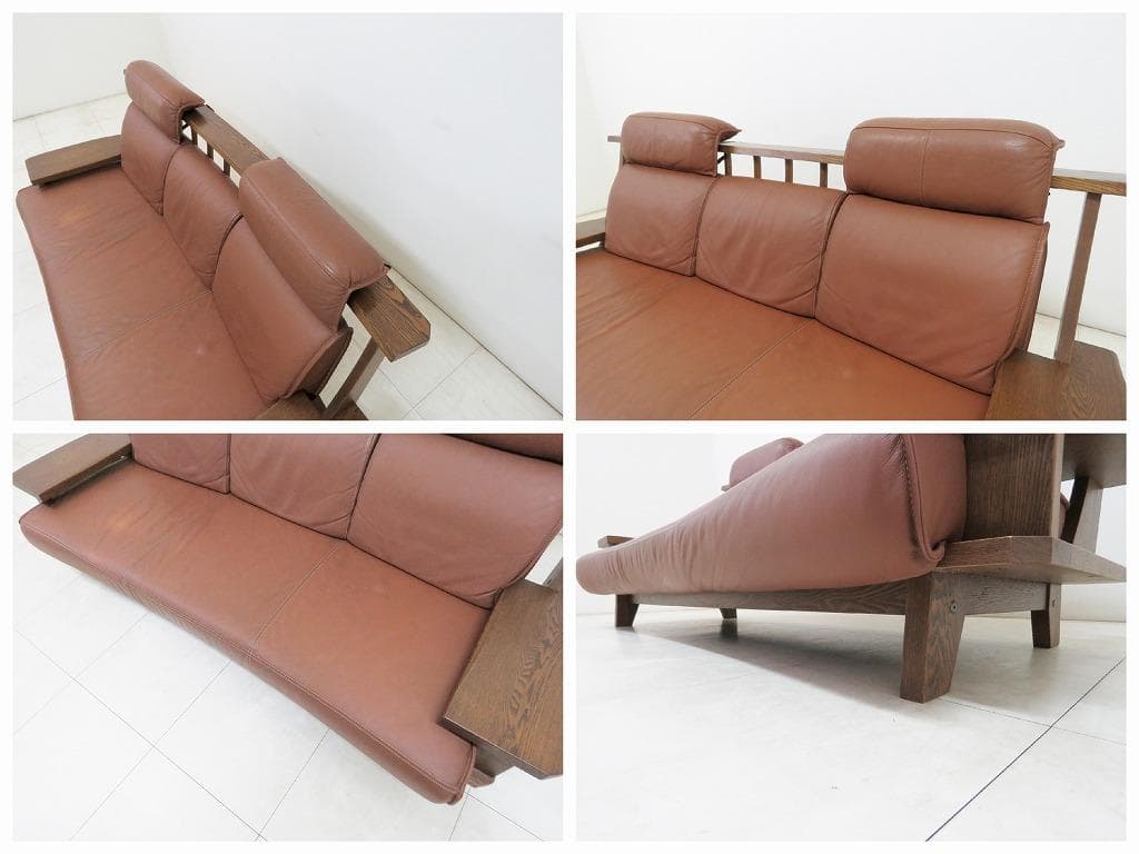 ■葉山ガーデン■WAZA 3人掛けソファ■本革■天然木■ウッドアーム■和モダン