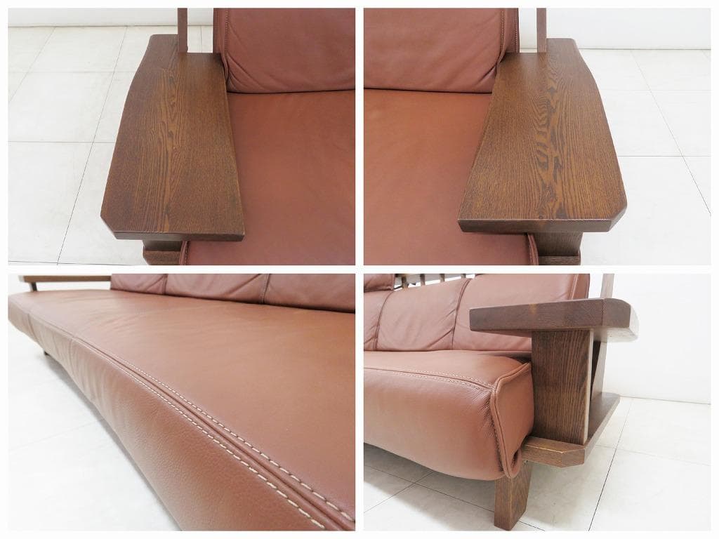 ■葉山ガーデン■WAZA 3人掛けソファ■本革■天然木■ウッドアーム■和モダン