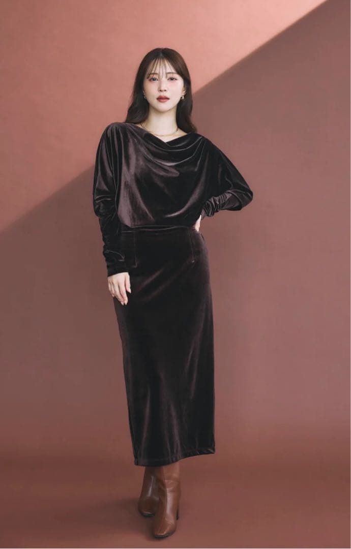 完売品！poláura グロッシーベロアドレープドレス ブラウン