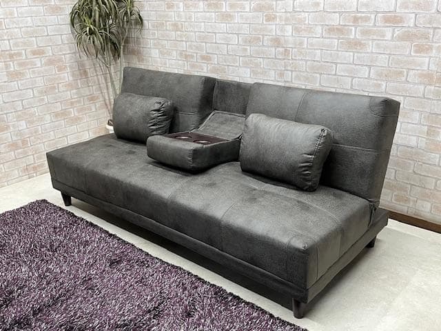 ソファーベッド　グレー　小テーブル付き　レザーファブリック　ソファ　新品