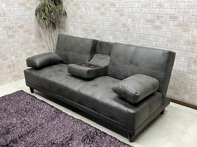 ソファーベッド　グレー　小テーブル付き　レザーファブリック　ソファ　新品