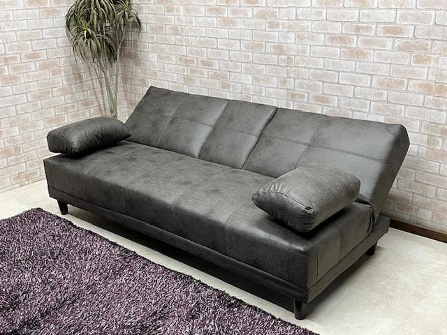 ソファーベッド　グレー　小テーブル付き　レザーファブリック　ソファ　新品