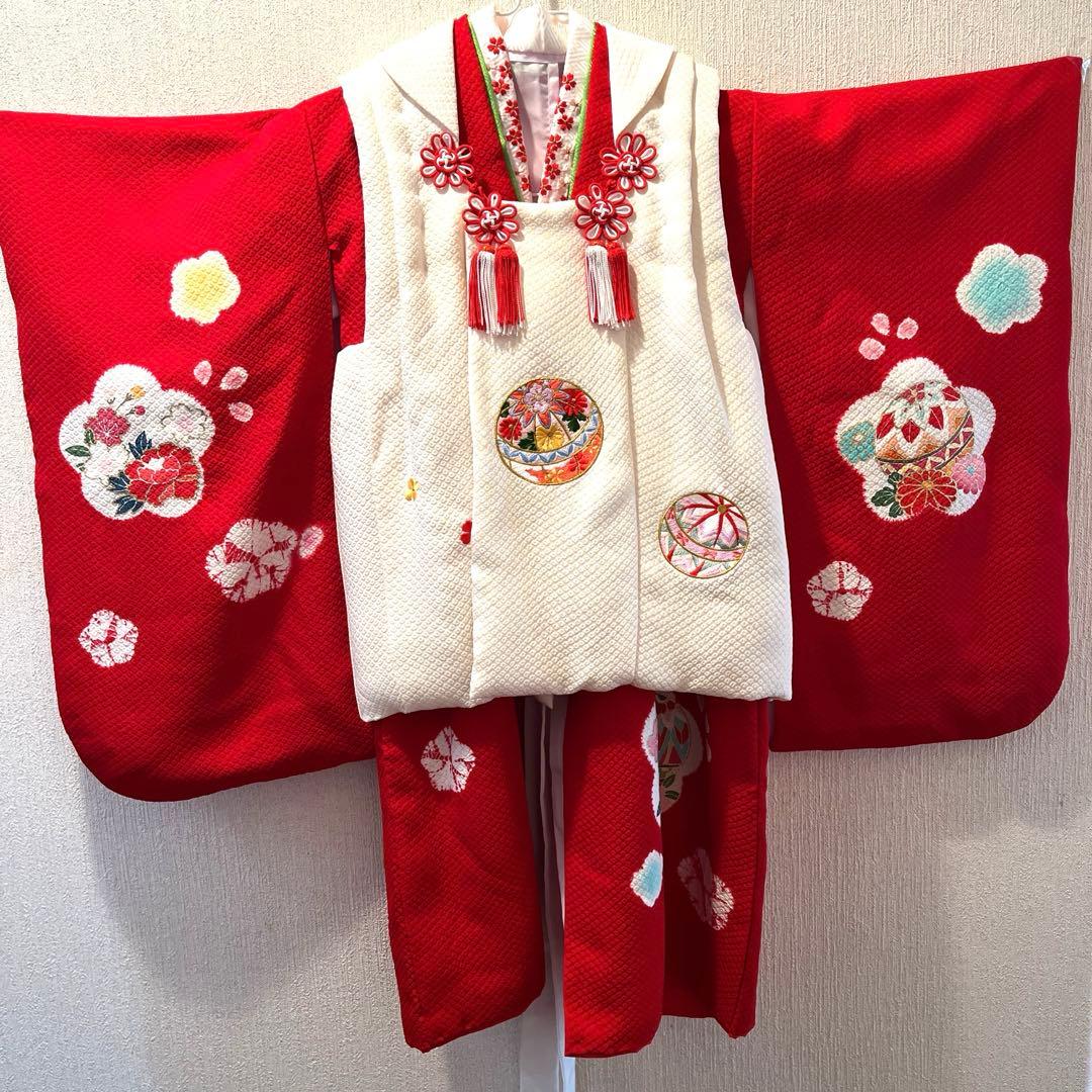 想美一　正絹　真紅　美品　絞り手描き七五三着物セット　3歳　白被布　日本製