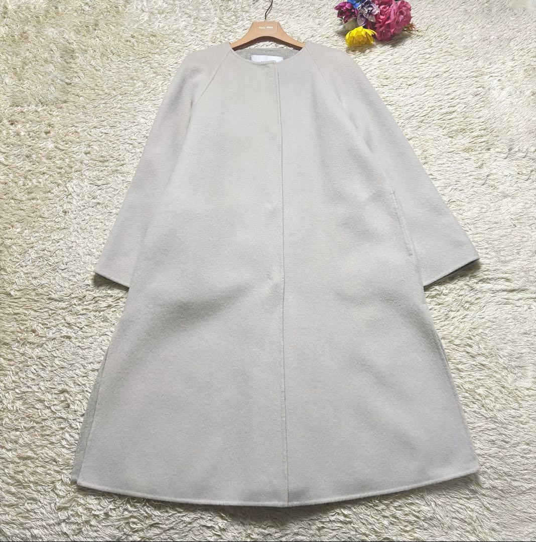 極美品　アドーアADORE カシミヤ混 2トーンコート　ノーカラー　グレー