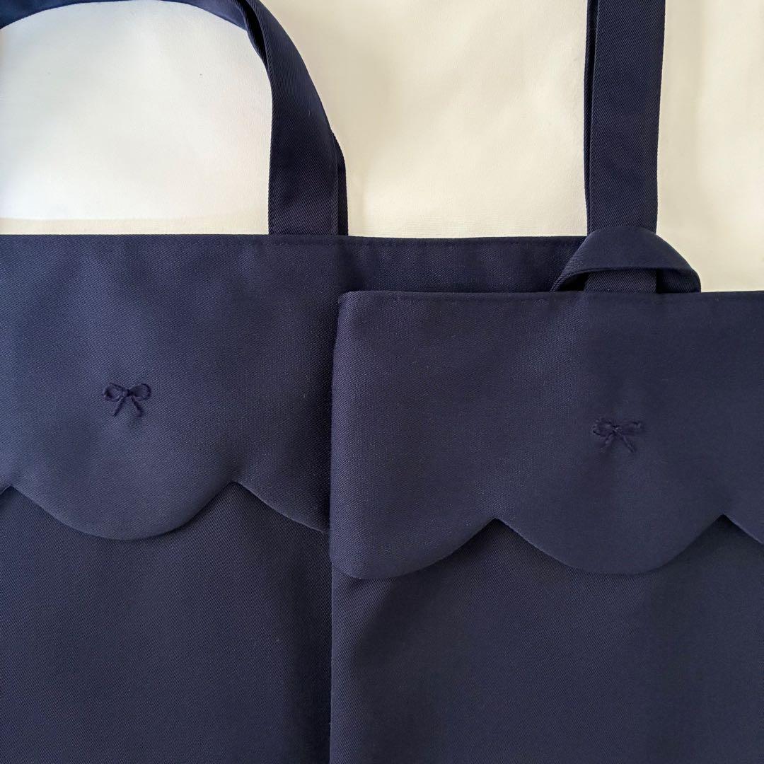 スカラップ　2点セット　手刺繍　リボン　レッスンバッグ　上履き入れ　紺　お受験