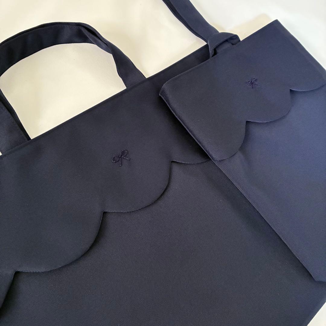 スカラップ　2点セット　手刺繍　リボン　レッスンバッグ　上履き入れ　紺　お受験