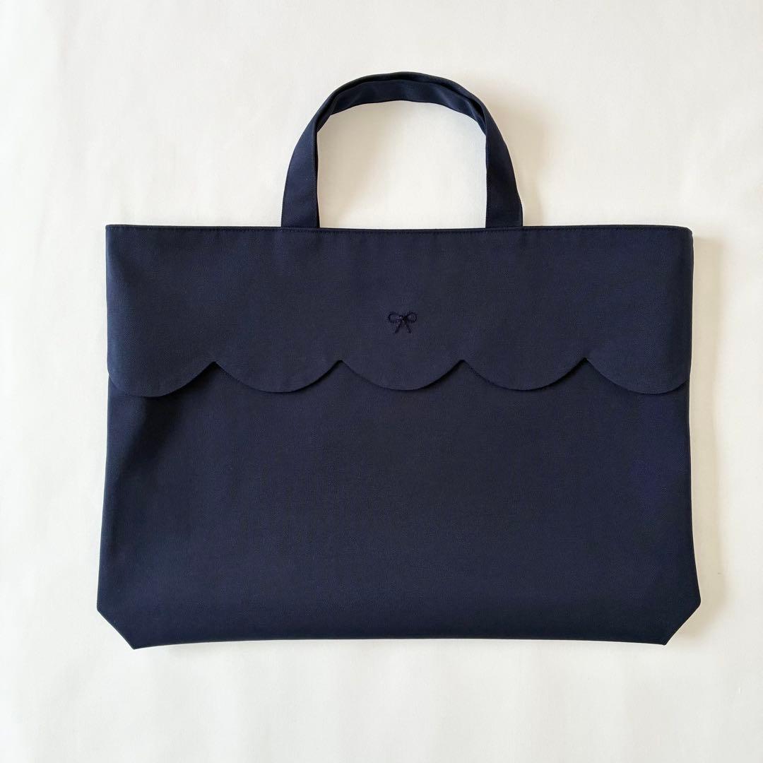 スカラップ　2点セット　手刺繍　リボン　レッスンバッグ　上履き入れ　紺　お受験