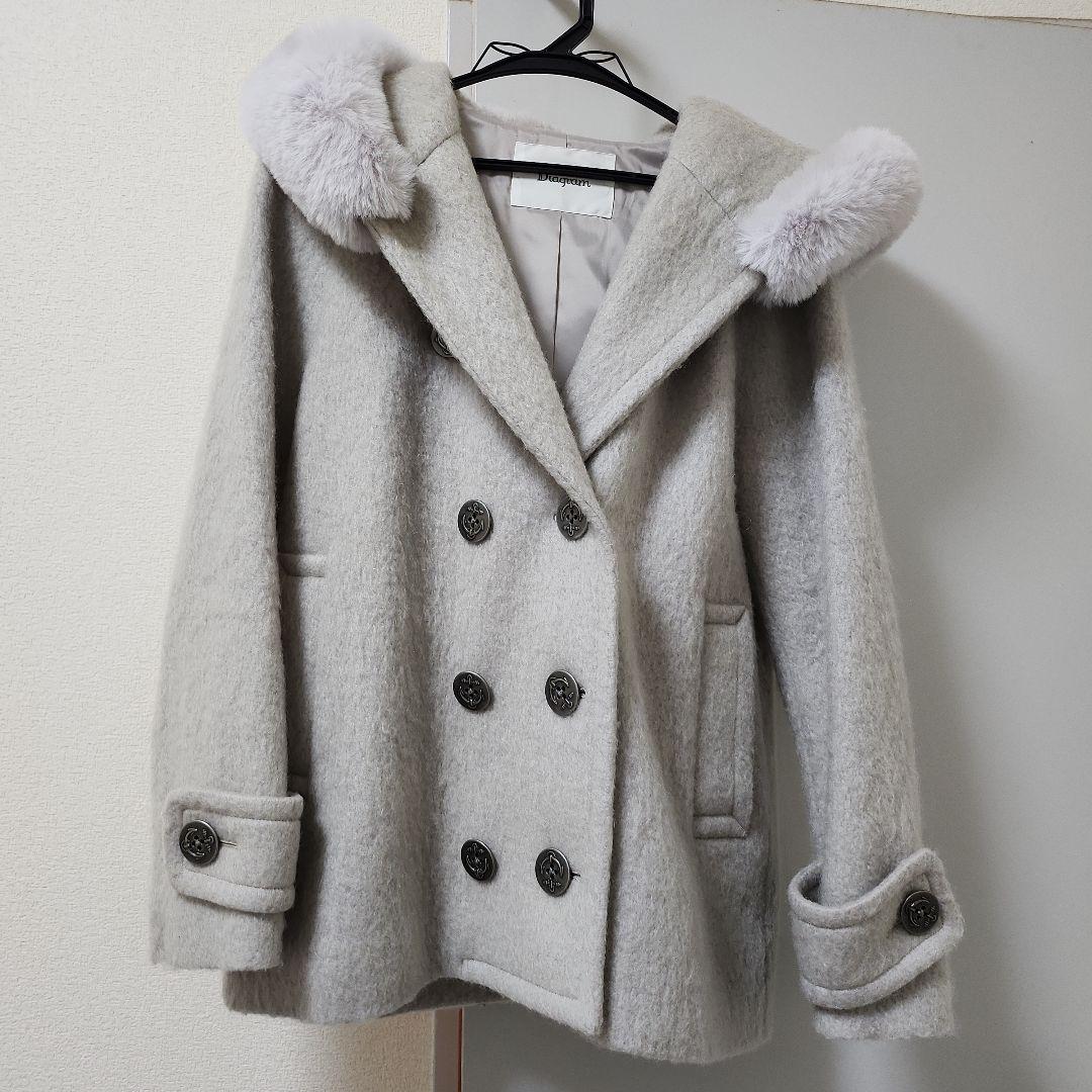 Diagram グレー ダブルブレスト コート ファー付き
