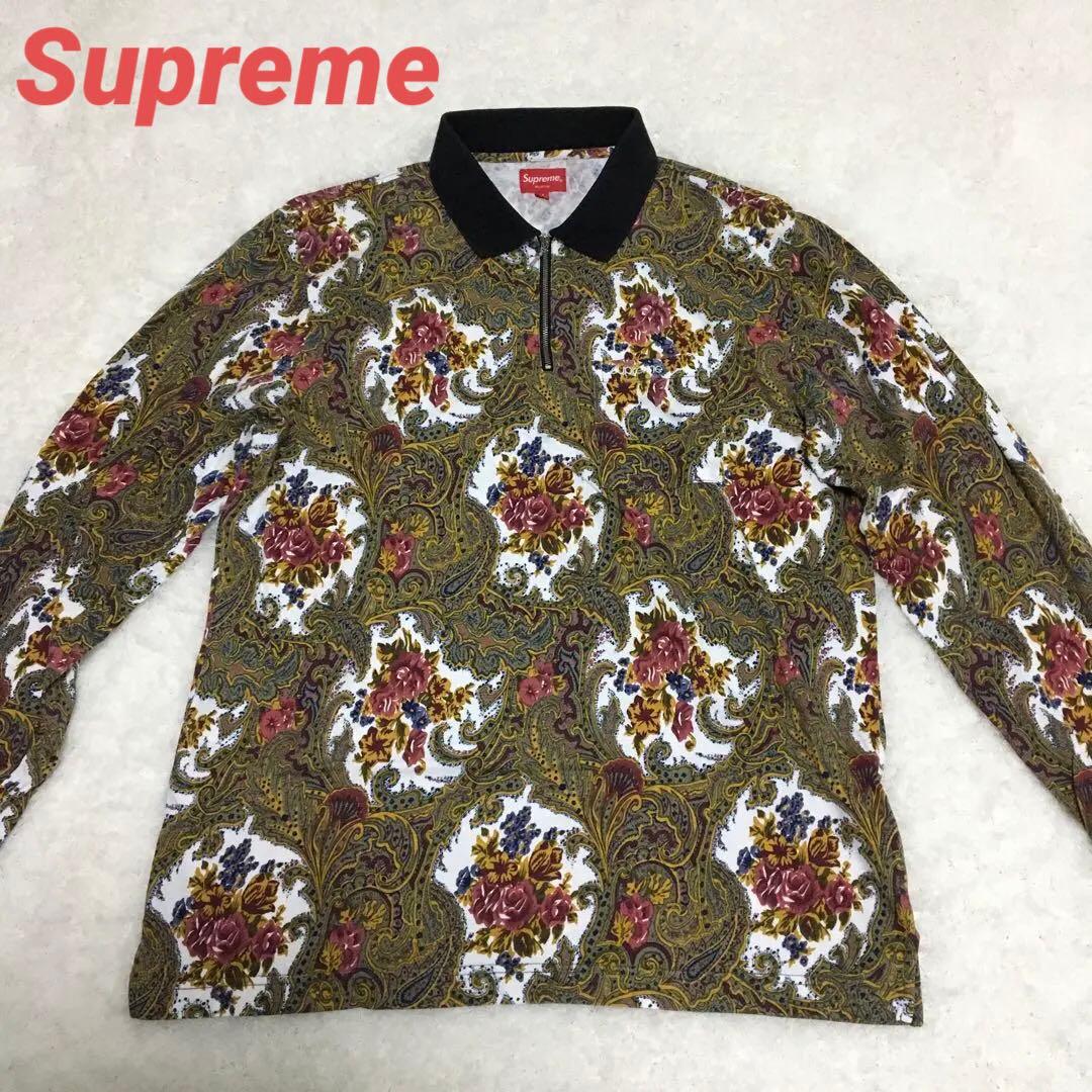 シュプリーム　ハーフジップポロシャツ　刺繍ロゴ　総柄　窪塚洋介着用　コットン　M