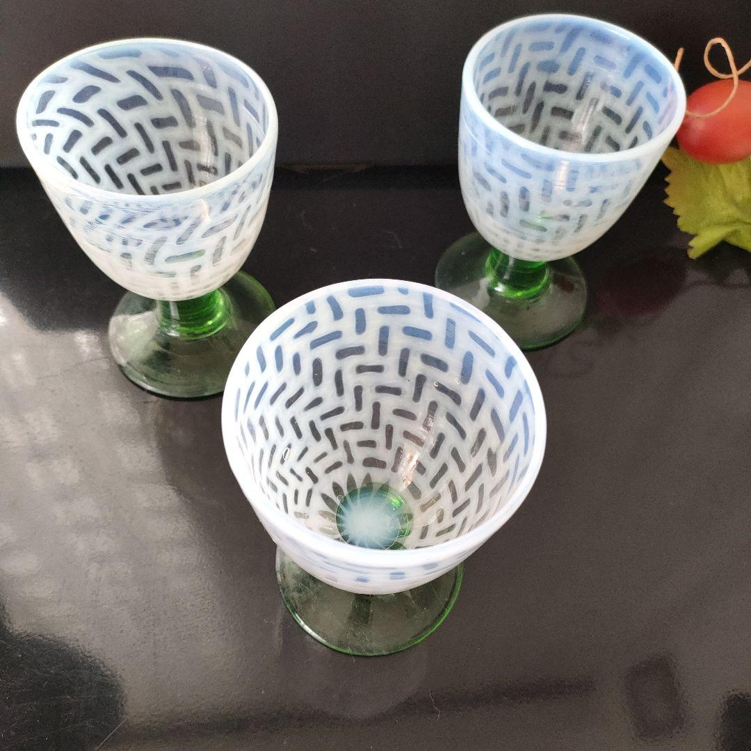 大正ロマン氷コップ 乳白色 脚付きグラス 3個セット