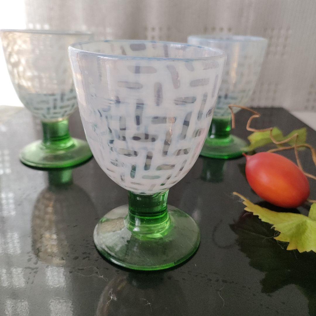 大正ロマン氷コップ 乳白色 脚付きグラス 3個セット