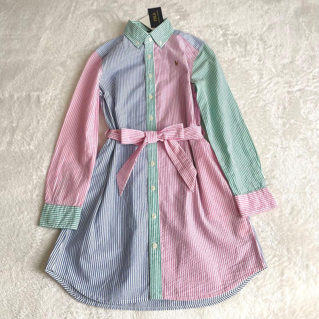 未使用タグ付き★ポロラルフローレン★シャツワンピース★長袖★マルチカラー★140
