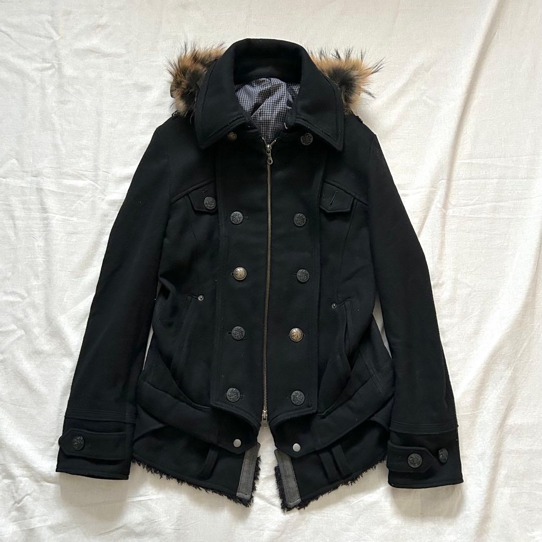 PPFM ナポレオンジャケット Pコート リアルファー ブラックy2k 00s