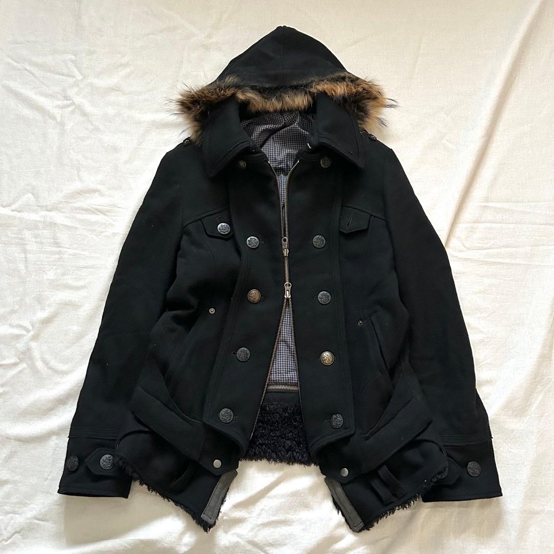 PPFM ナポレオンジャケット Pコート リアルファー ブラックy2k 00s