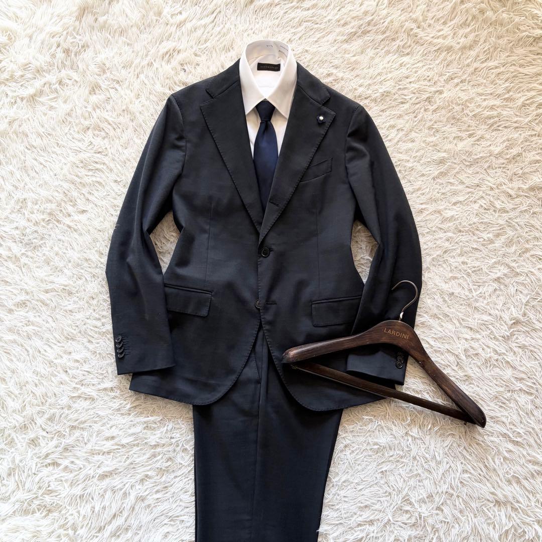 <最新ピン付>LARDINI 新ロゴ ダークグレー ウール スーツ 48