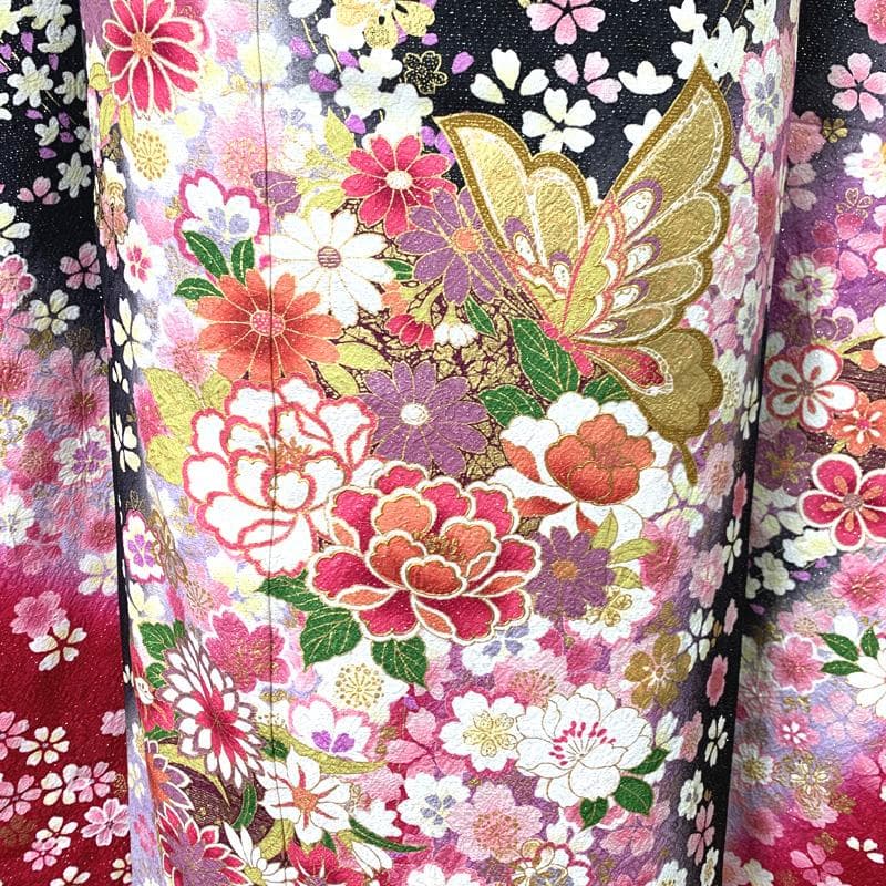 505z10〇銀通し 振袖 高身長な方にも 金彩 花 蝶々〇美品 成人式 結婚式