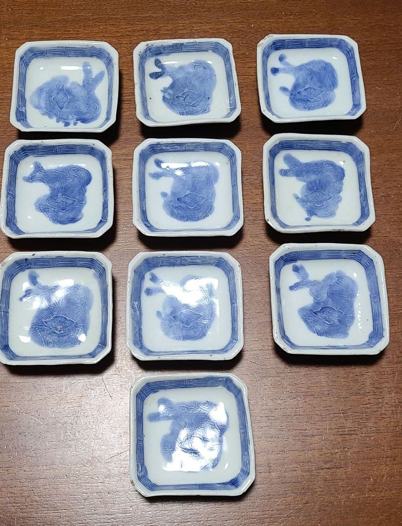 希少　幕末～明治　古伊万里　染付獅子図　手塩皿　角豆皿　豆皿　アンティーク　骨董
