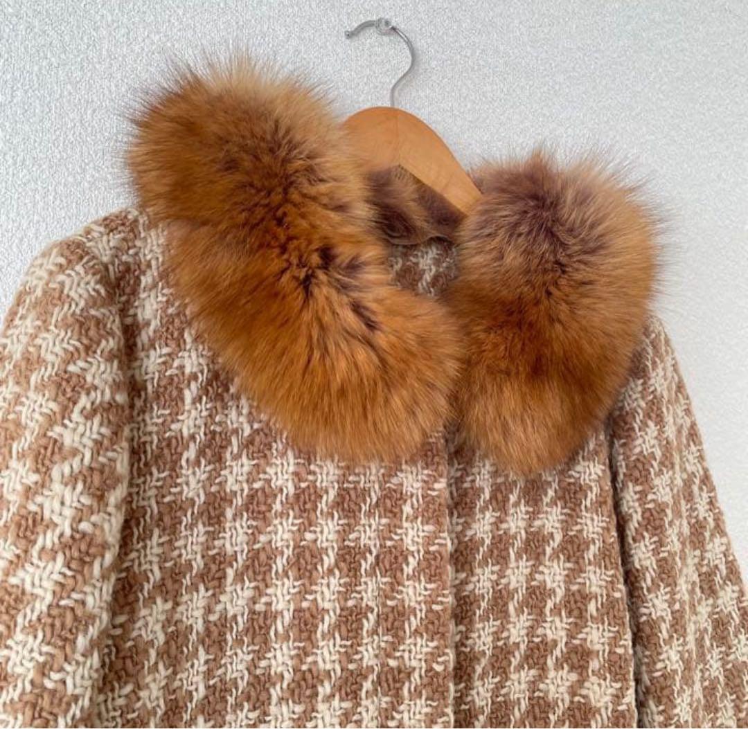 アナイ 38 千鳥 チェック　フォックスファー 付き　コート