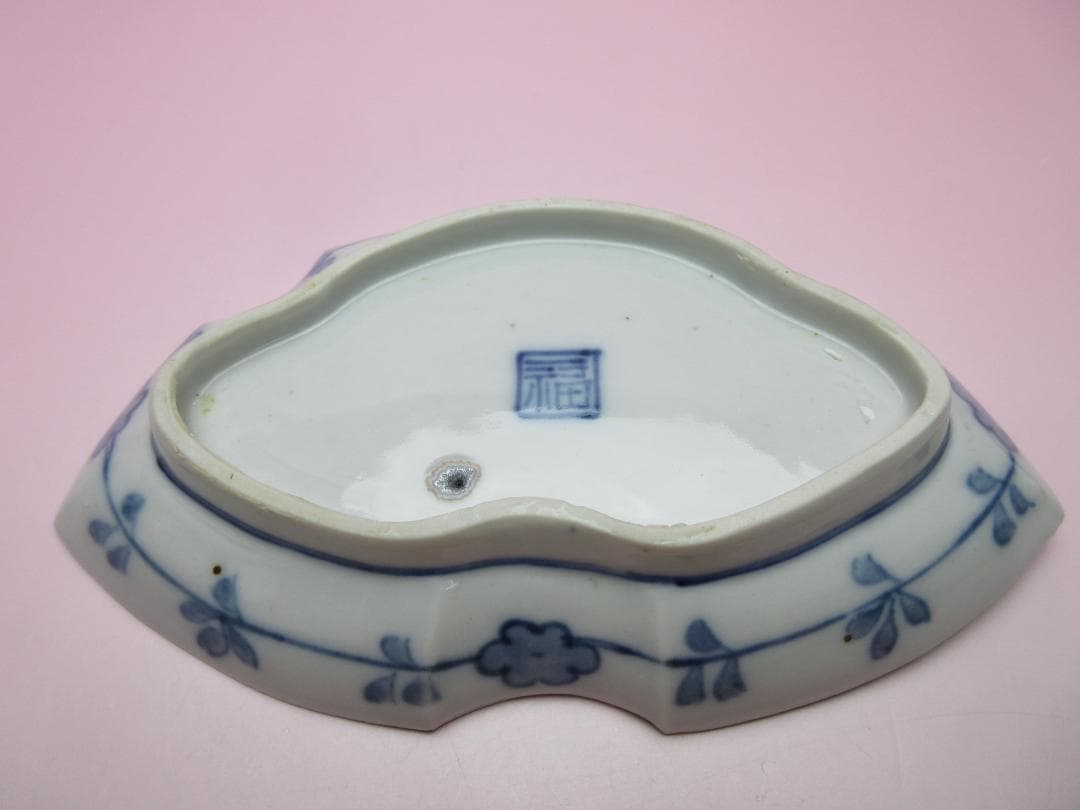 時代 染付 角福 鹿と紅葉模様 変形皿 3枚 61228