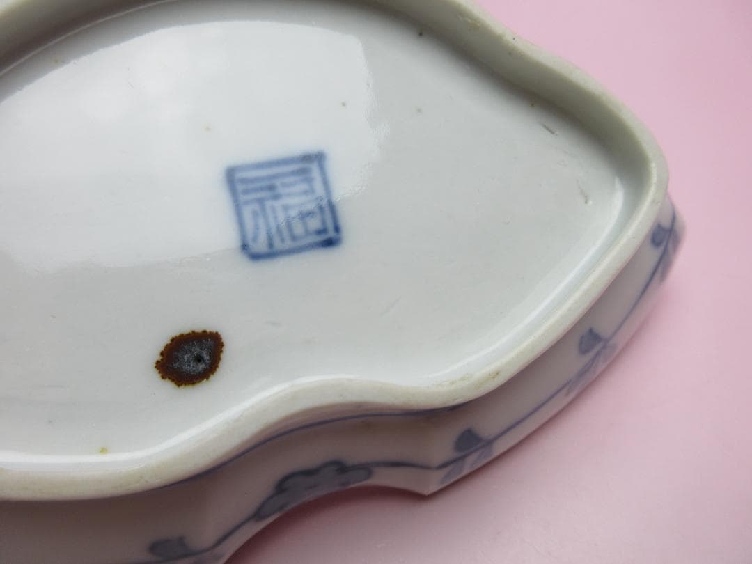 時代 染付 角福 鹿と紅葉模様 変形皿 3枚 61228