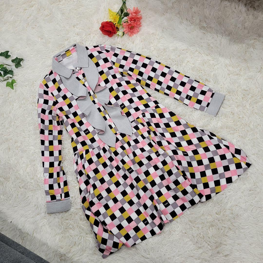 FENDI　フェンディ　ブロックチェック　ロゴ　ワンピース　ドレス　派手フリル