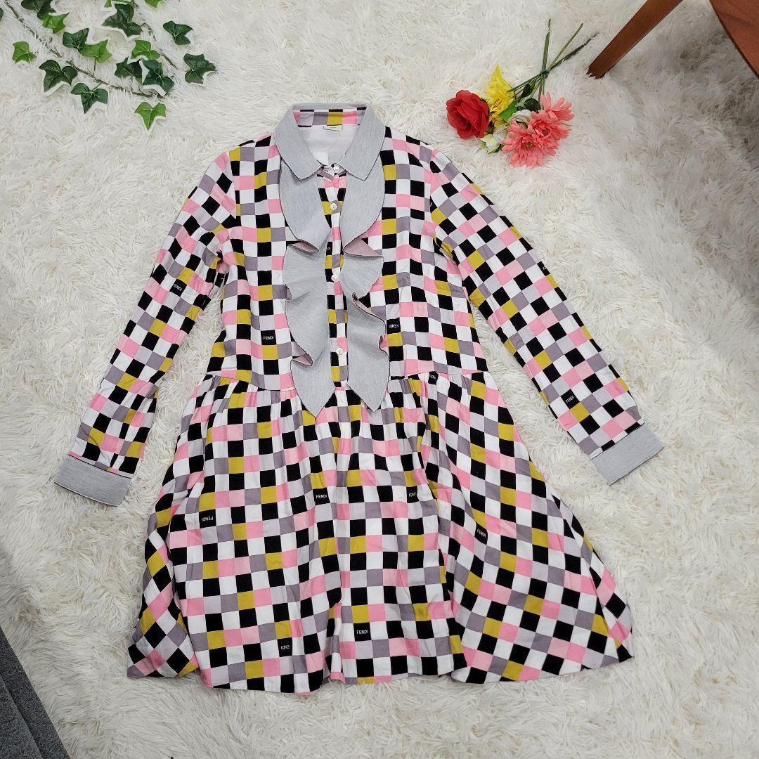 FENDI　フェンディ　ブロックチェック　ロゴ　ワンピース　ドレス　派手フリル
