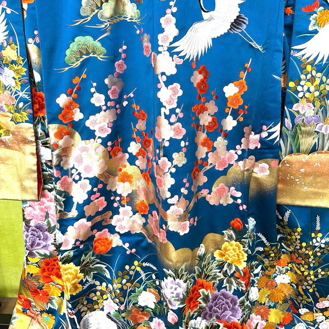 青色 鶴と花の刺繍 色打掛