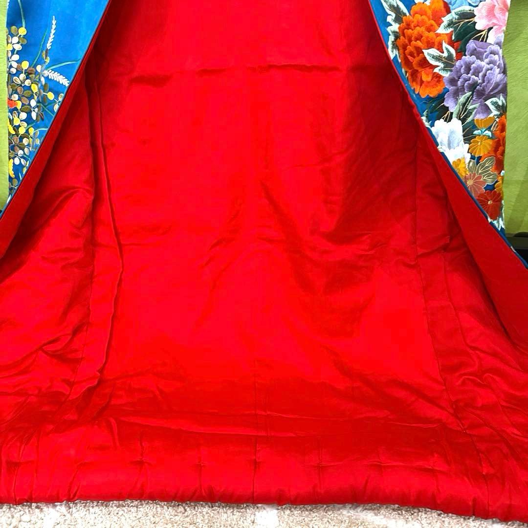 青色 鶴と花の刺繍 色打掛