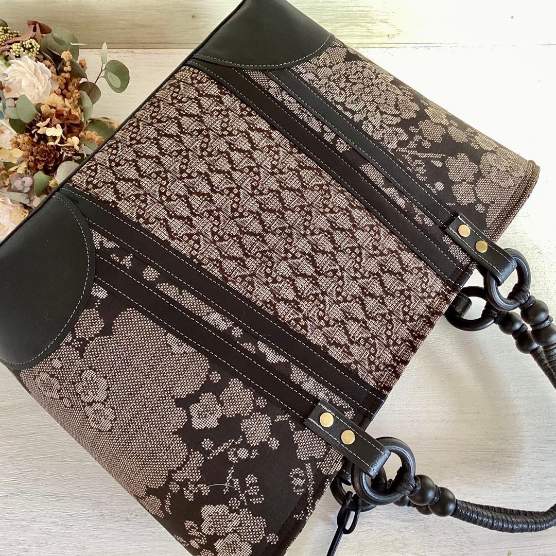 大島紬×本革 着物リメイク トートバッグ 和装バッグ ハンドメイド A4 花柄