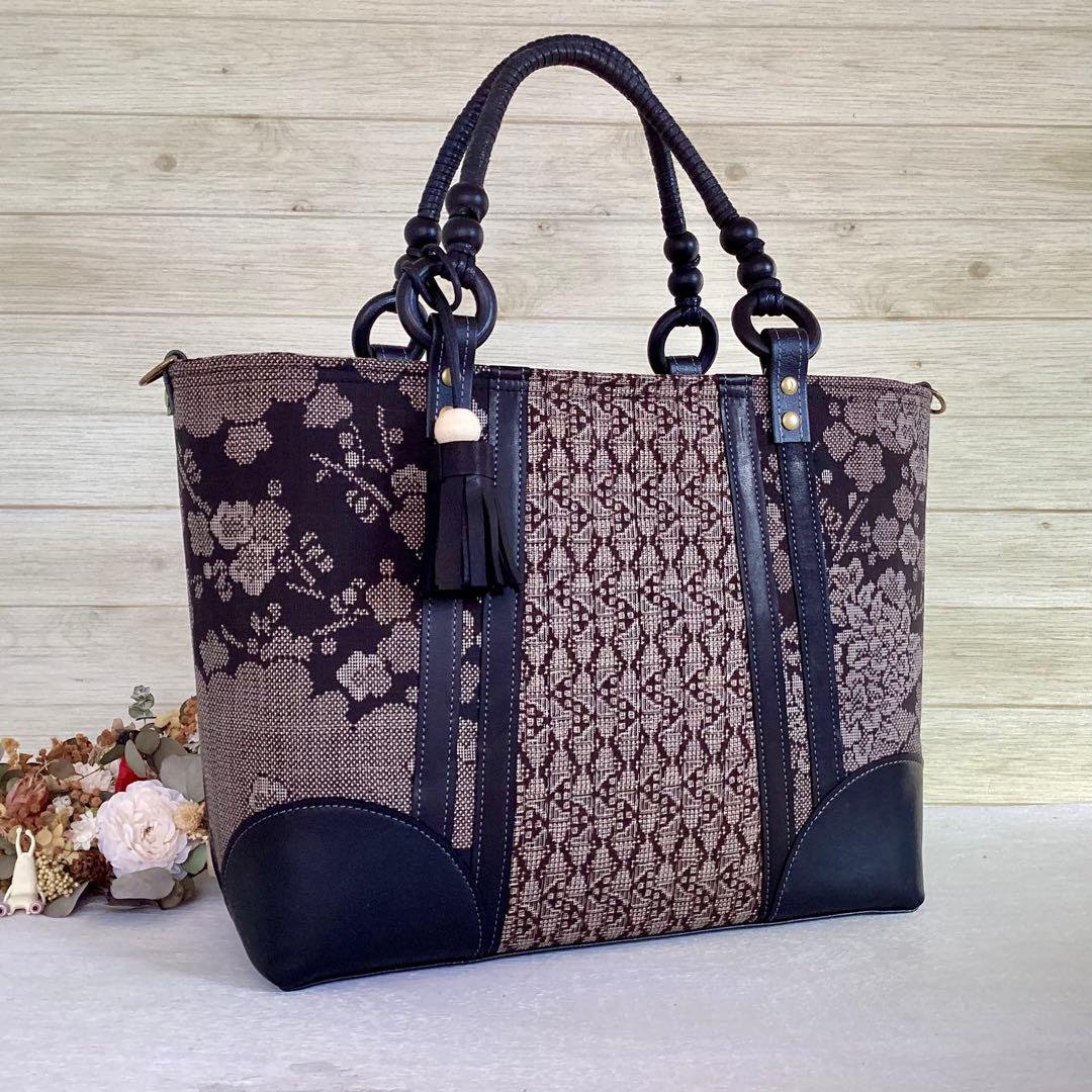 大島紬×本革 着物リメイク トートバッグ 和装バッグ ハンドメイド A4 花柄