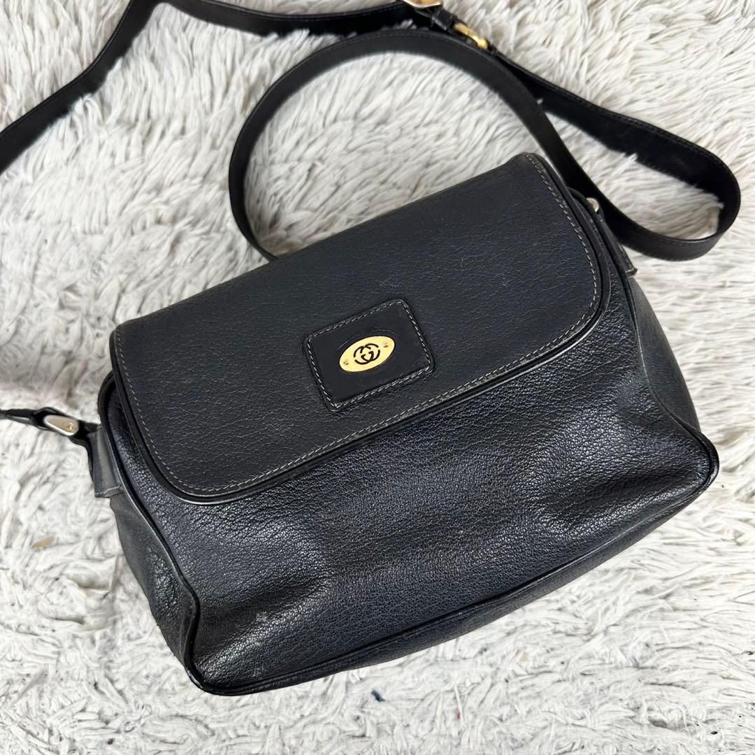 希少 オールドグッチ レザー ショルダーバッグ インターロッキング ブラック 黒