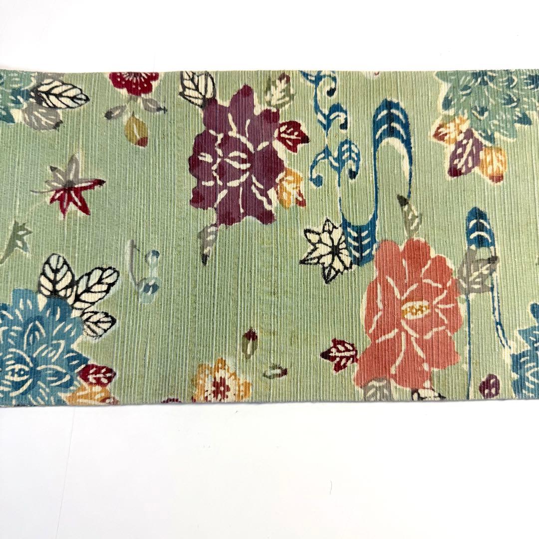 5k2399 名古屋帯　絹　紅型　浜紬　緑　赤　青　黄色　白　花柄　和装　着物