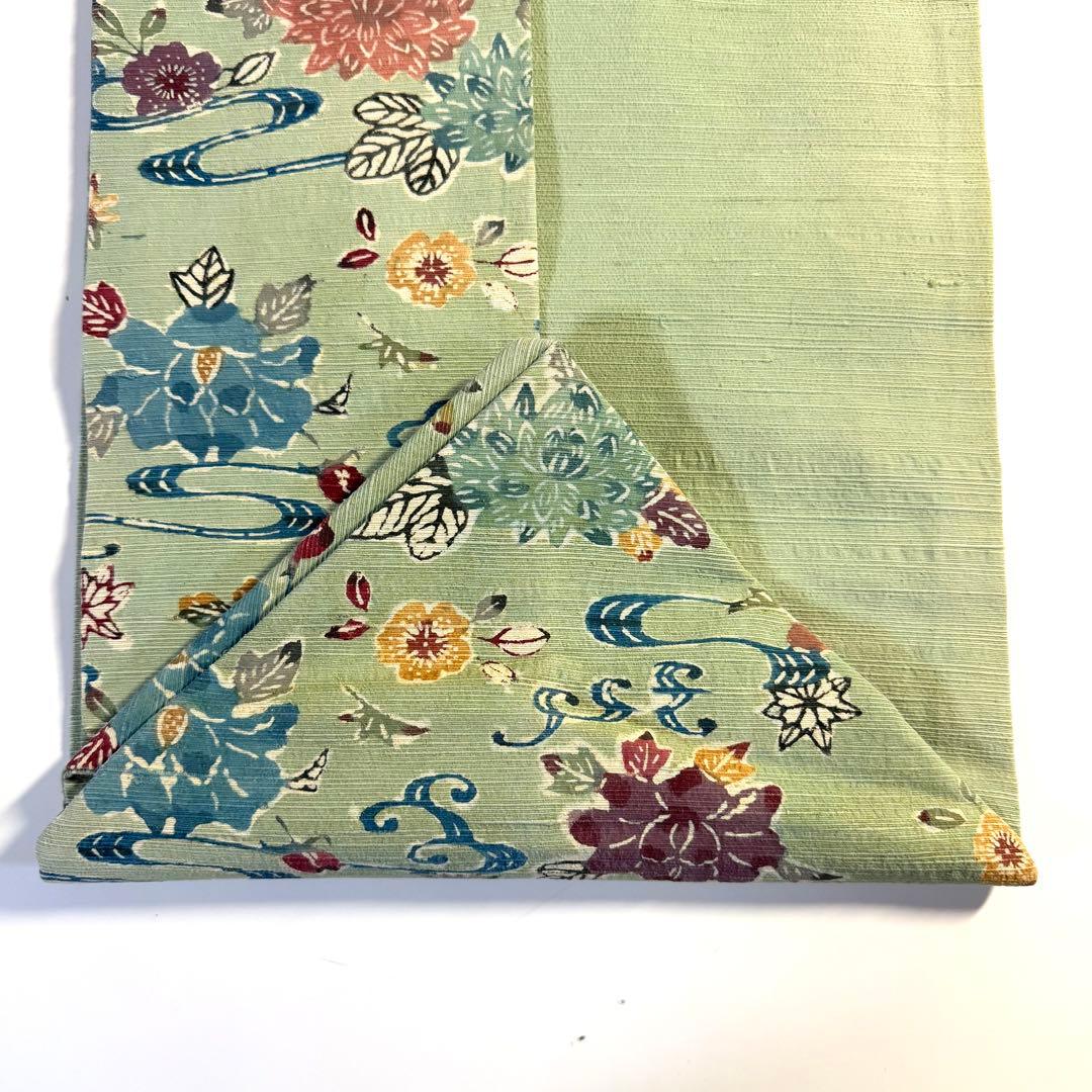 5k2399 名古屋帯　絹　紅型　浜紬　緑　赤　青　黄色　白　花柄　和装　着物