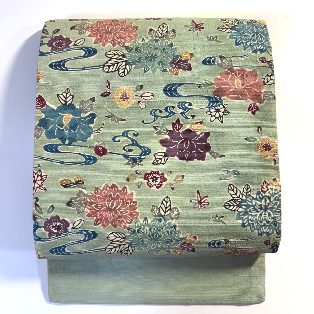 5k2399 名古屋帯　絹　紅型　浜紬　緑　赤　青　黄色　白　花柄　和装　着物