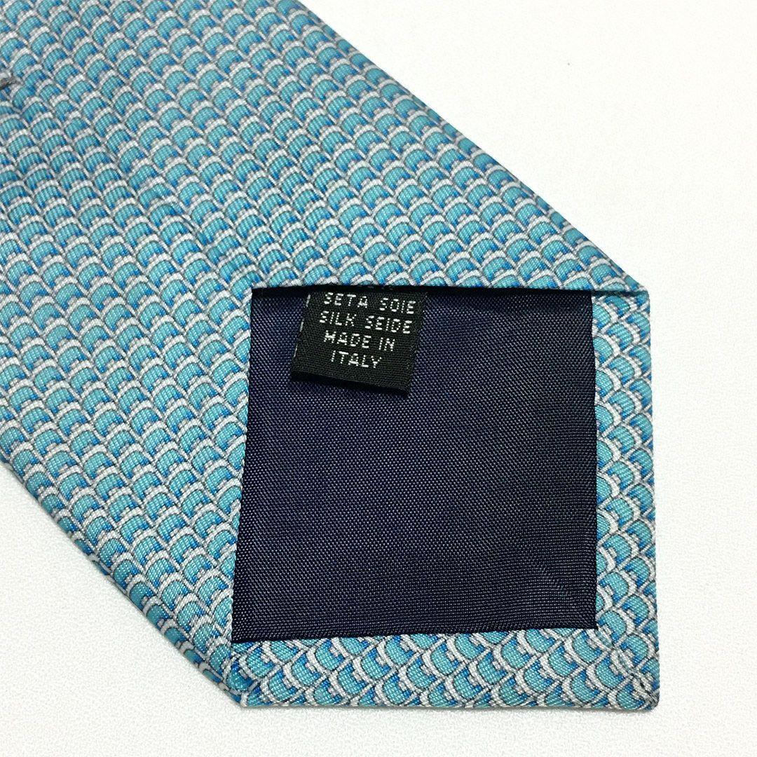 未使用級 エルメス HERMES ネクタイ シルク100% ライトブルー系 総柄