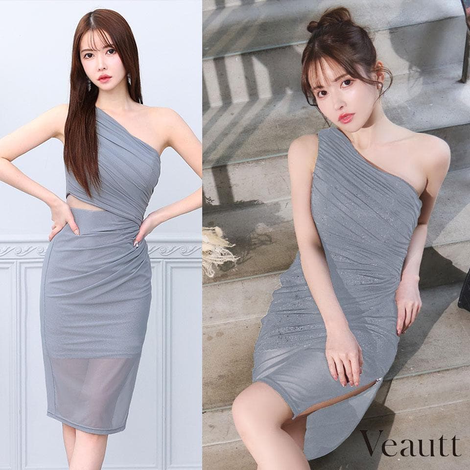 Veautt ヴュート ワンショルダー タイトミディアムキャバドレス グレー