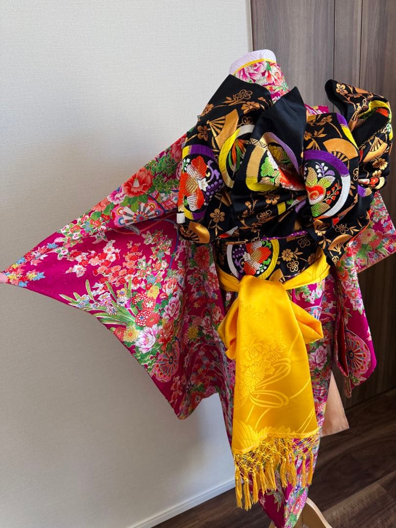 七五三に★正絹アンティーク着物　花車に四季花々　七歳着物、作り帯のセット