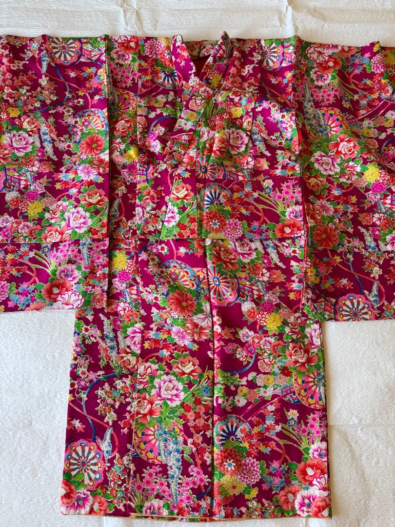 七五三に★正絹アンティーク着物　花車に四季花々　七歳着物、作り帯のセット
