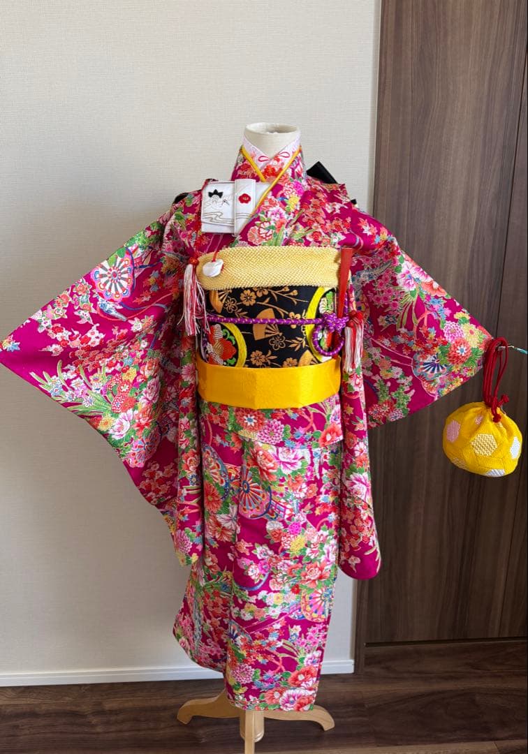 七五三に★正絹アンティーク着物　花車に四季花々　七歳着物、作り帯のセット