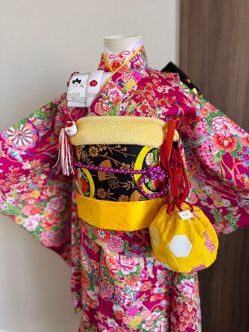 七五三に★正絹アンティーク着物　花車に四季花々　七歳着物、作り帯のセット