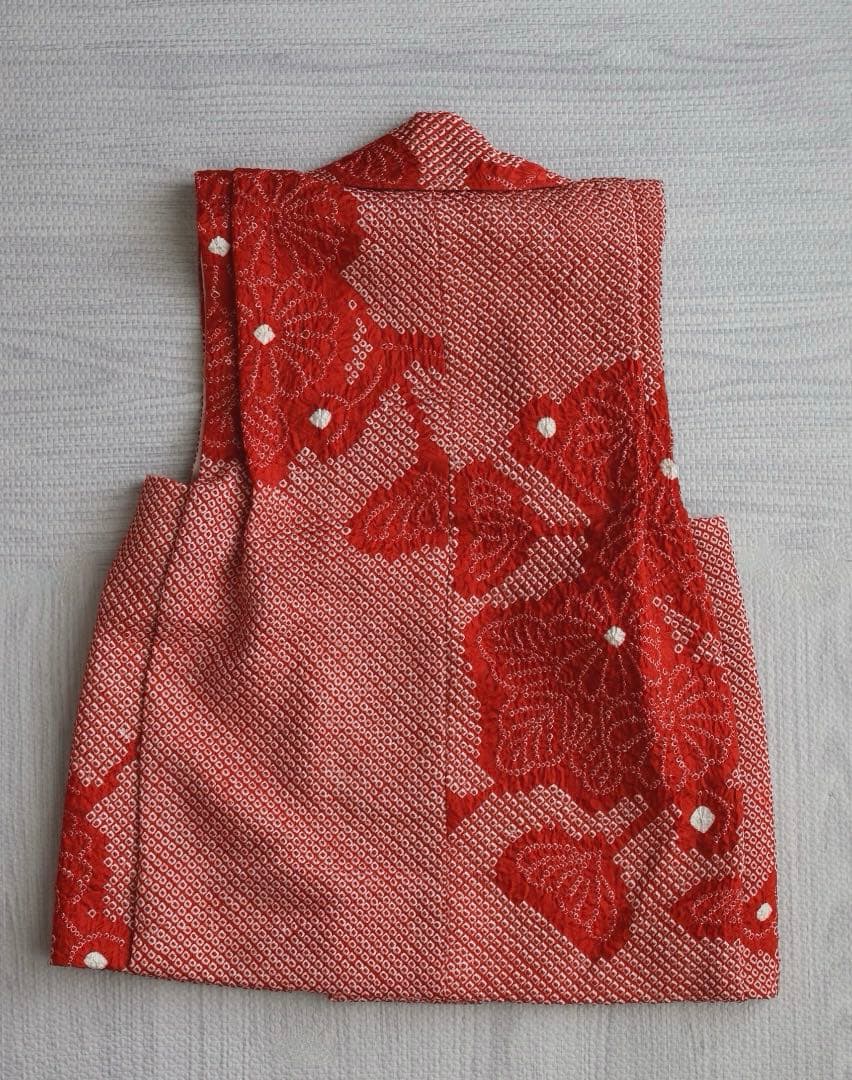七五三　被布　正絹総絞り　手縫い　着物　３歳　赤　正月