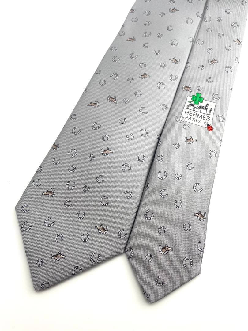 美品 エルメス ハイブランド ネクタイ 馬蹄 グレー 高級 シルク 現行