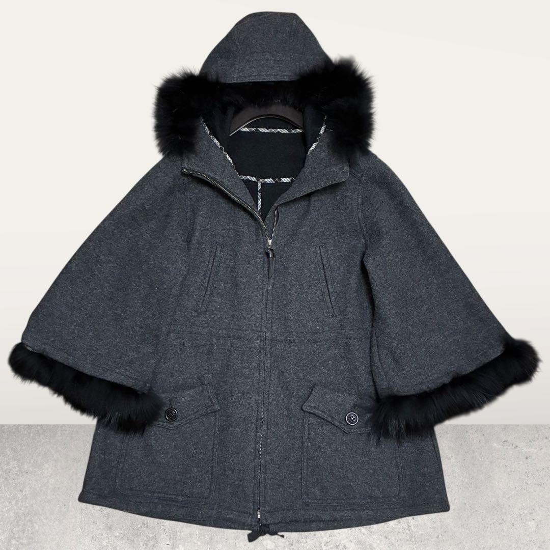 BURBERRY ブルーレーベル ポンチョ 羊毛 アンゴラ フォックス 牛革