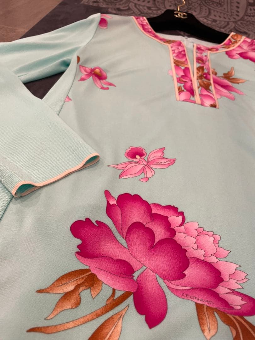 美品　LEONARD レオナール　異素材ミックス　長袖トップス　チュニック38