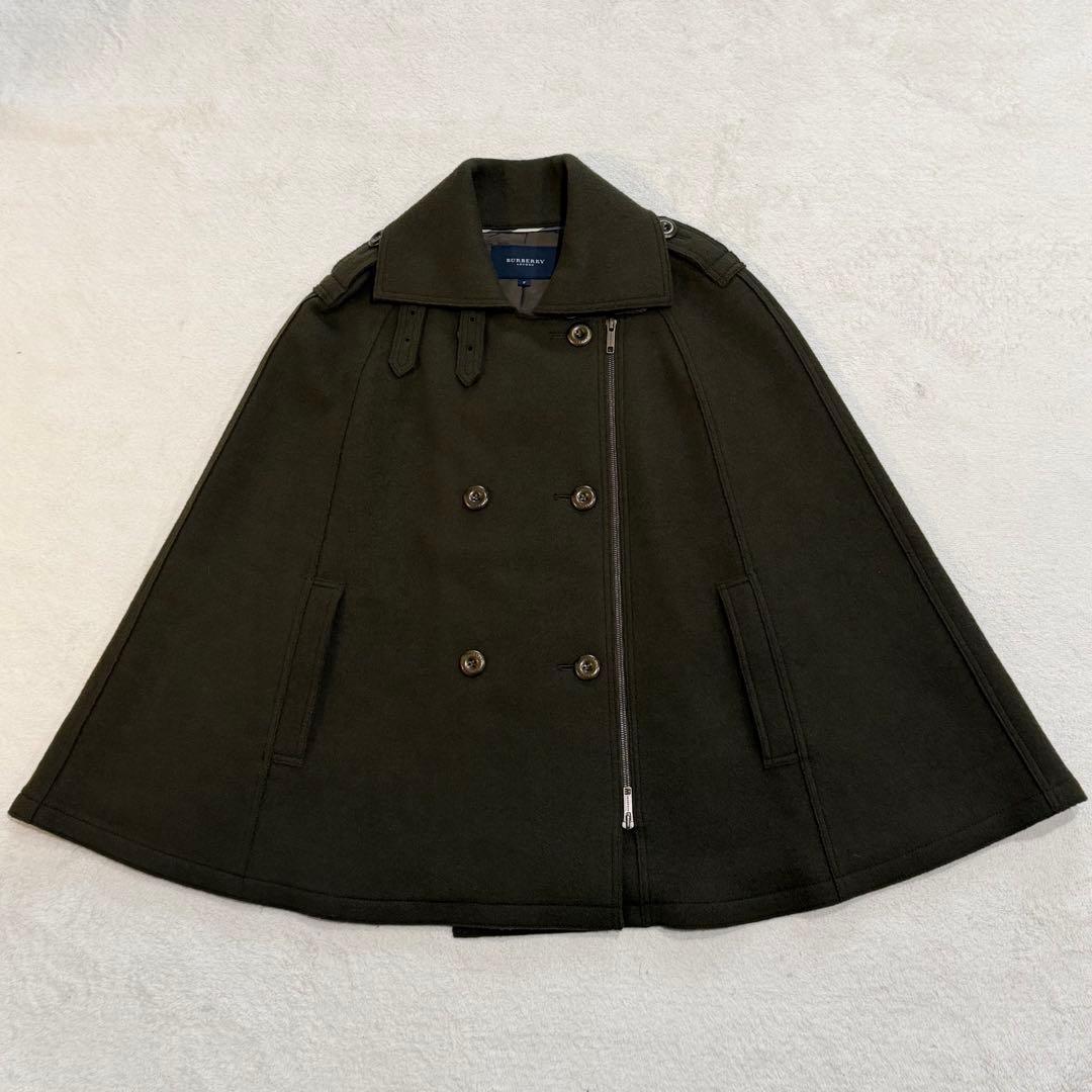 バーバリーロンドン　ポンチョ　ケープコート　ウール　ノバチェック　レザー　カーキ