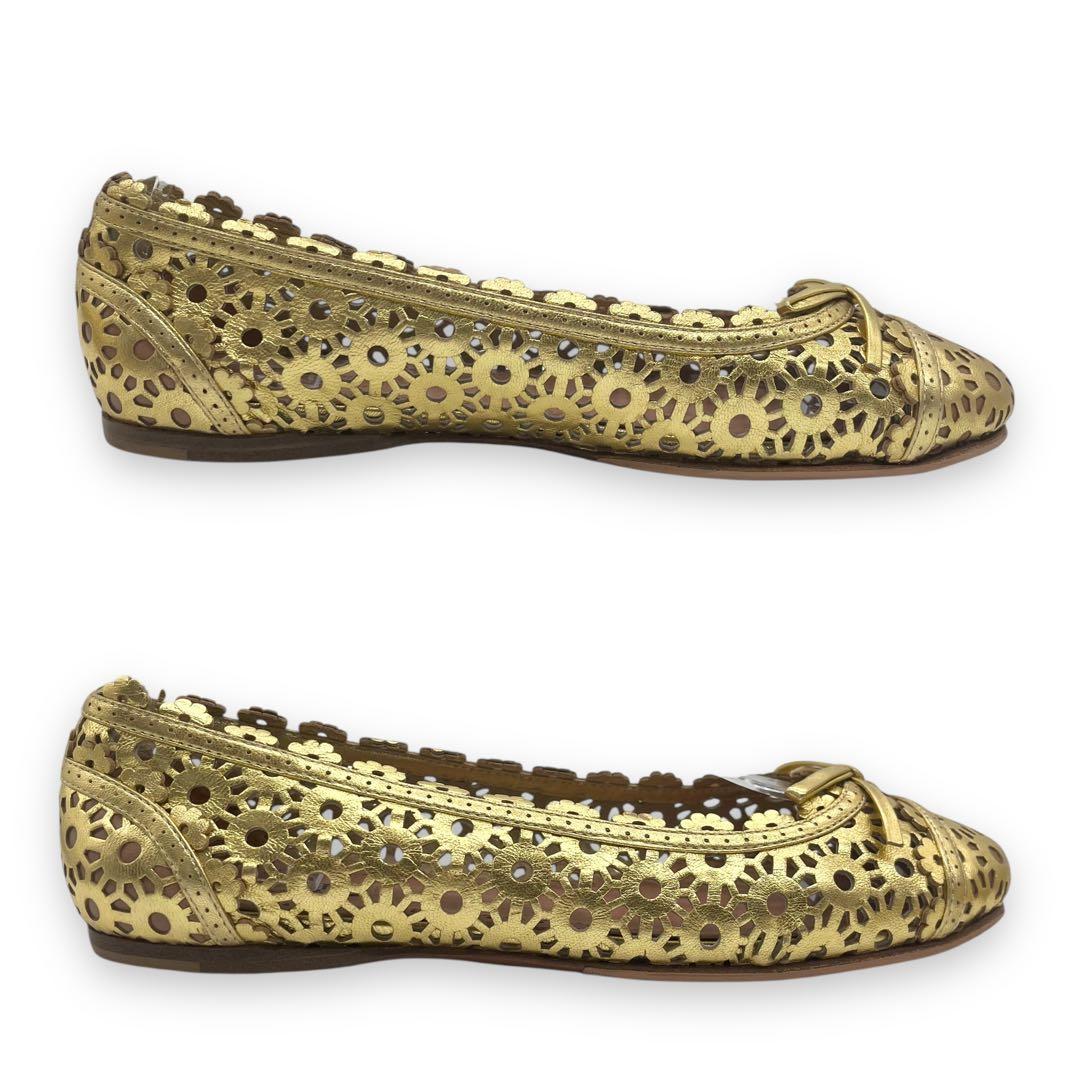 未使用■アライア　カットワーク　フラットシューズ　ゴールド　リボン　レザー　35