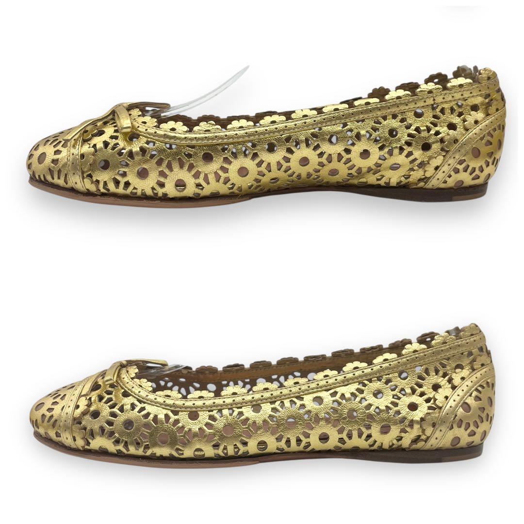 未使用■アライア　カットワーク　フラットシューズ　ゴールド　リボン　レザー　35