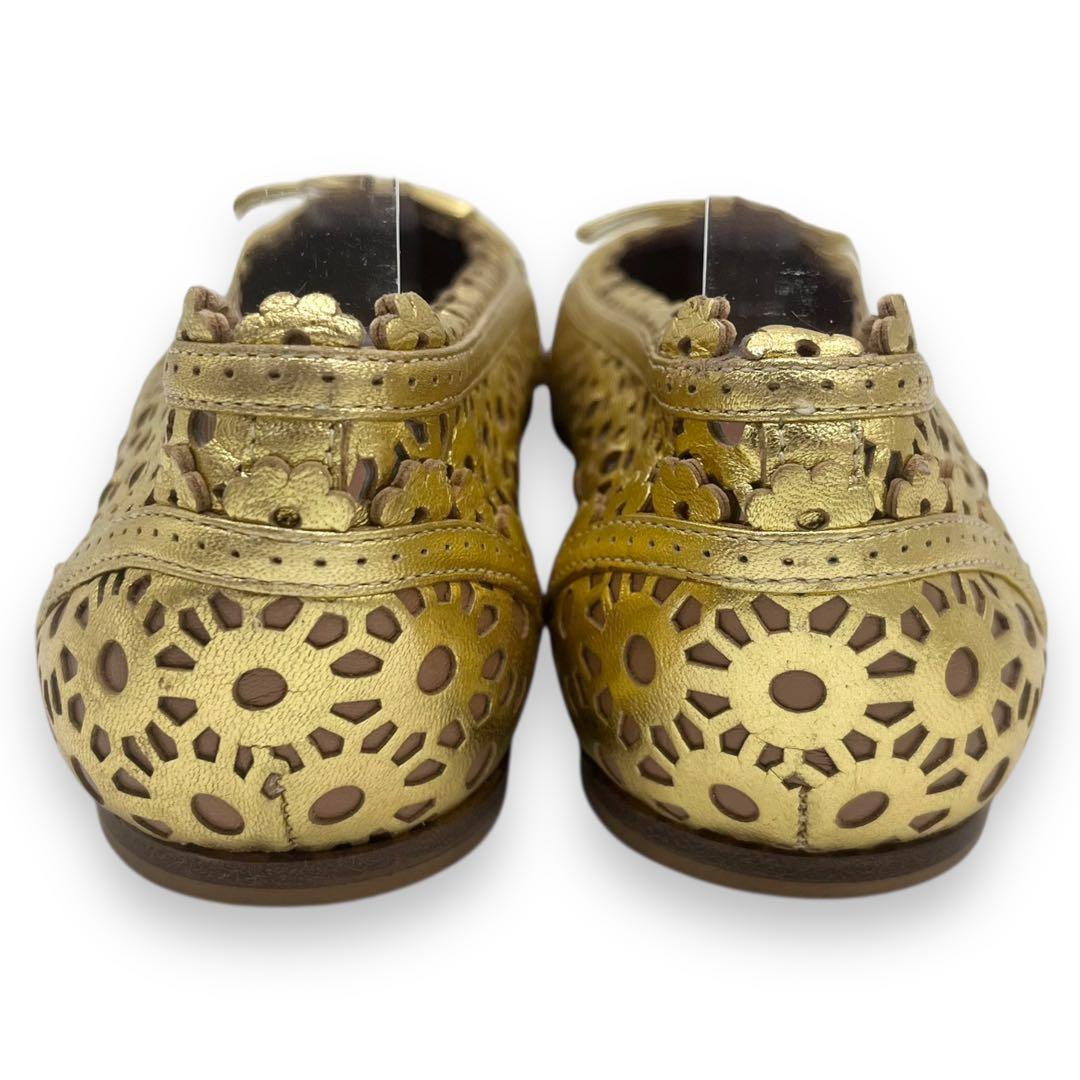 未使用■アライア　カットワーク　フラットシューズ　ゴールド　リボン　レザー　35
